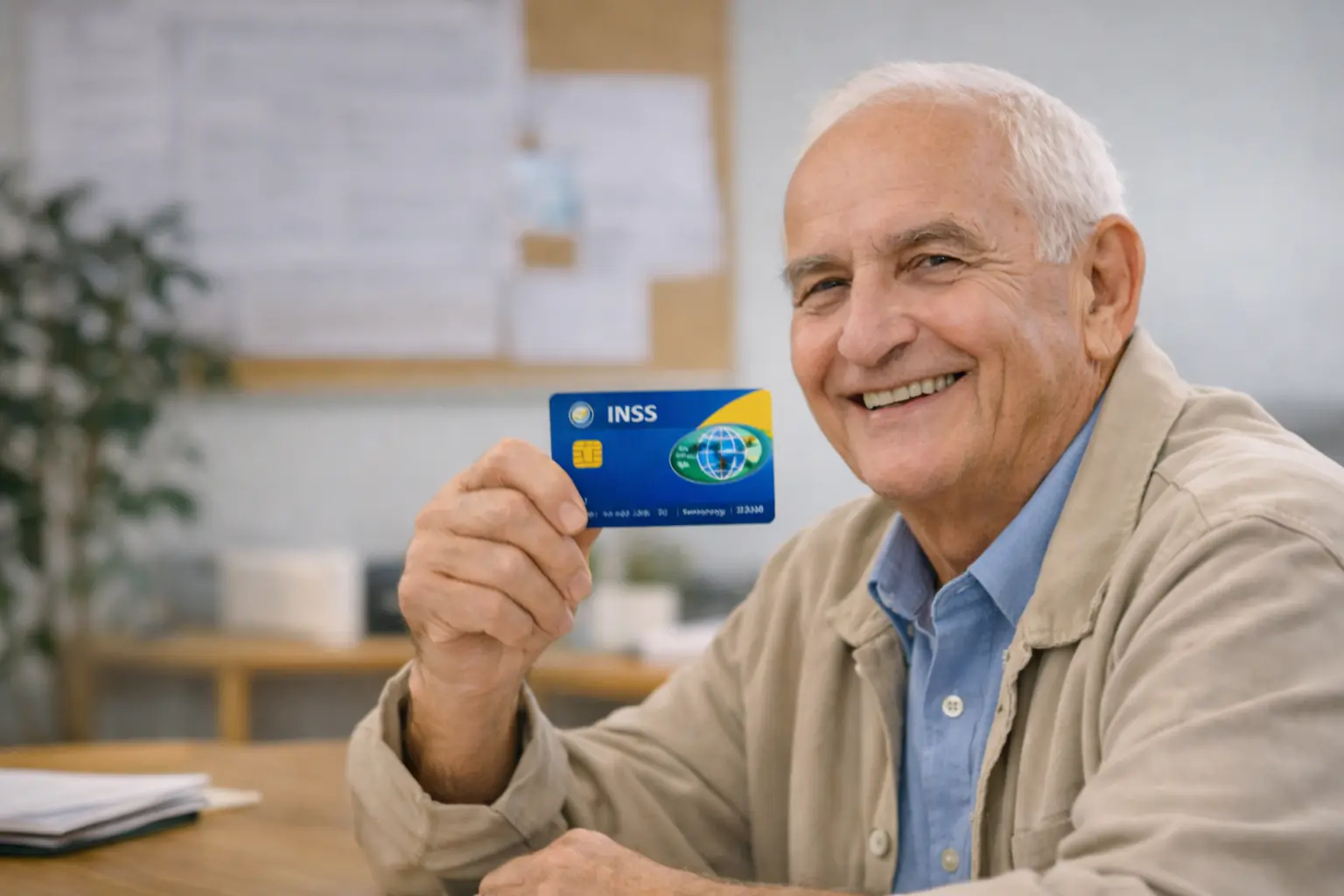 Idoso segurando cartão de benefício