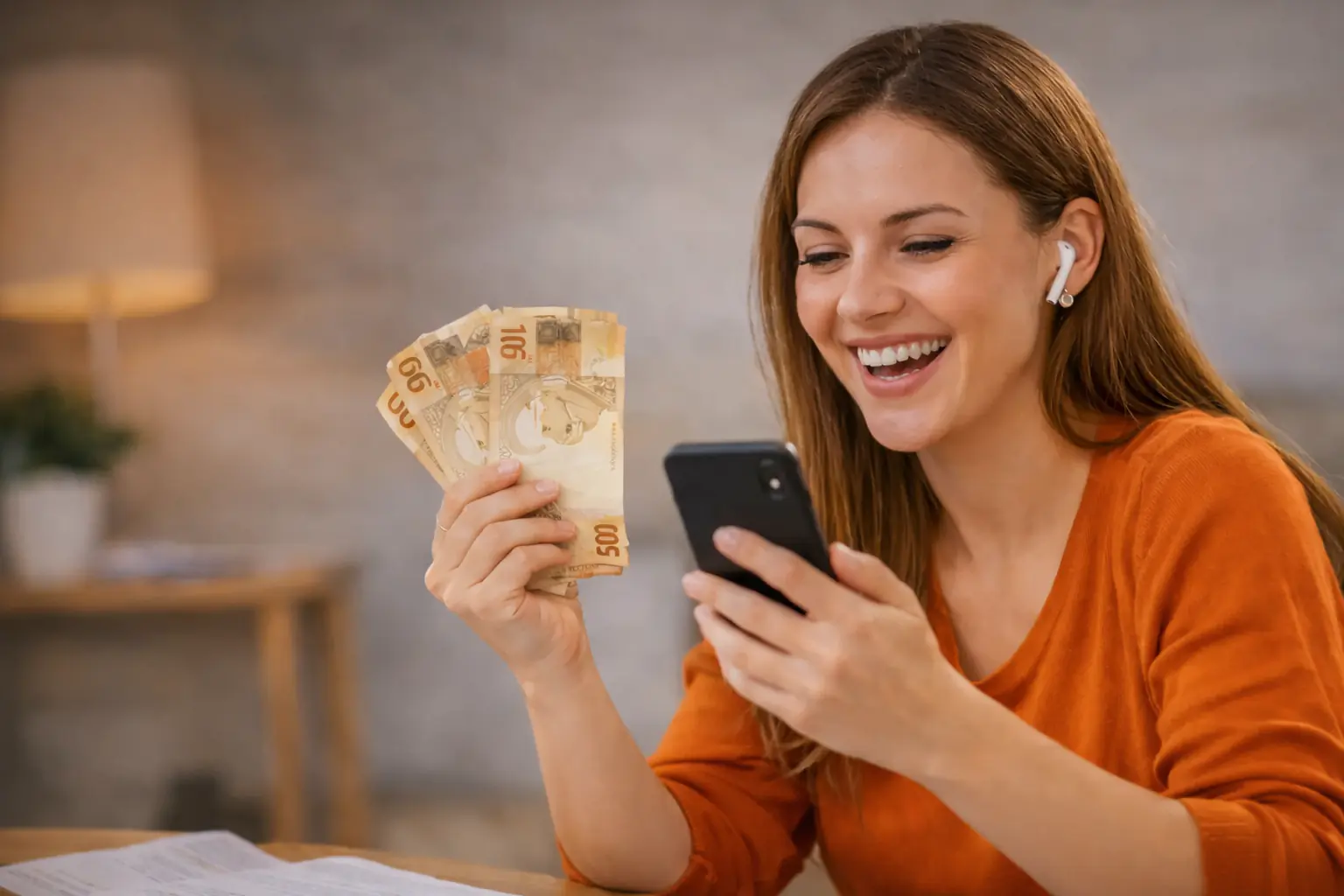 Pessoa feliz recebendo dinheiro no app